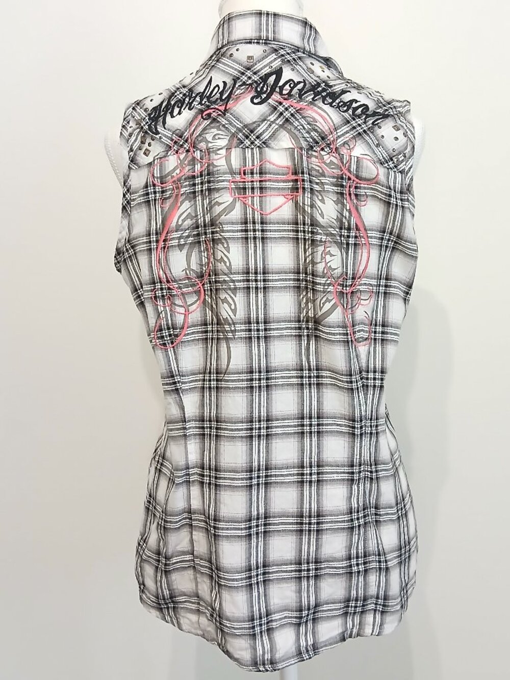 Y2K Vintage Harley Davidson Sleeveless Snap Front Plaid Top Size Medium